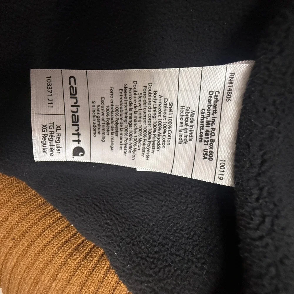 Carhartt Hooded Duck Canvas Jacket Brown Fleece Lined Workwear Full Zip Mens XL